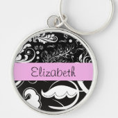 Franse Damask, Flowers, Black and White, Jouw naam Sleutelhanger (Voorkant)