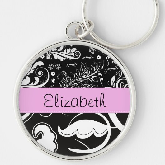 Franse Damask, Flowers, Black and White, Jouw naam Sleutelhanger (Voorkant)