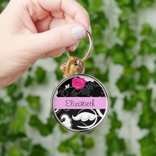 Franse Damask, Flowers, Black and White, Jouw naam Sleutelhanger (Hand)