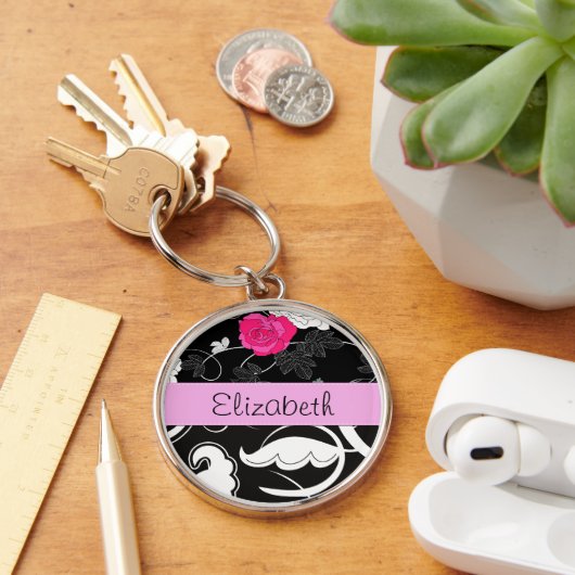 Franse Damask, Flowers, Black and White, Jouw naam Sleutelhanger (Bureau)