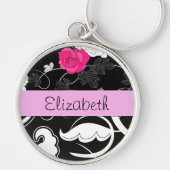 Franse Damask, Flowers, Black and White, Jouw naam Sleutelhanger (Voorkant)