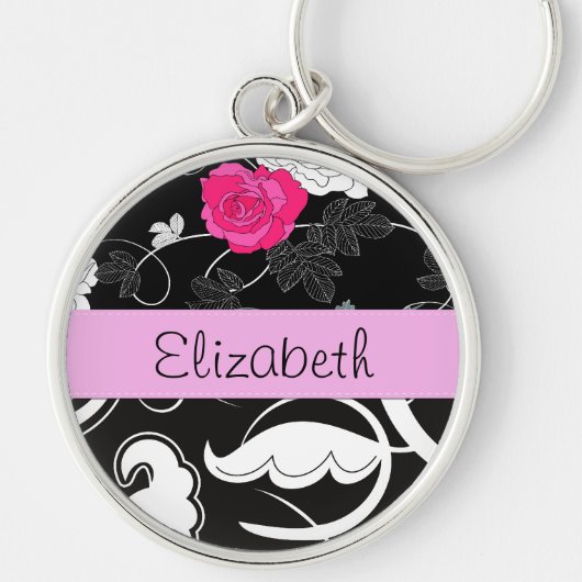 Franse Damask, Flowers, Black and White, Jouw naam Sleutelhanger (Voorkant)