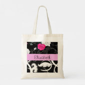 Franse Damask, Flowers, Black and White, Jouw naam Tote Bag (Achterkant)