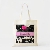 Franse Damask, Flowers, Black and White, Jouw naam Tote Bag (Voorkant)