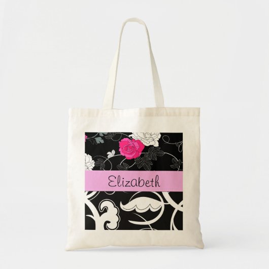 Franse Damask, Flowers, Black and White, Jouw naam Tote Bag (Voorkant)
