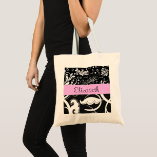Franse Damask, Flowers, Black and White, Jouw naam Tote Bag