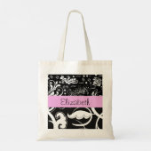 Franse Damask, Flowers, Black and White, Jouw naam Tote Bag (Achterkant)