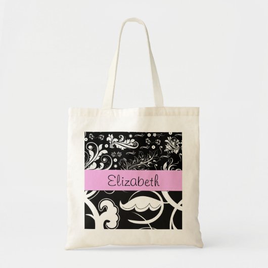 Franse Damask, Flowers, Black and White, Jouw naam Tote Bag (Voorkant)