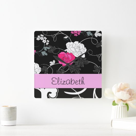 Franse Damask, Flowers, Black and White, Jouw naam Vierkante Klok (Huis)