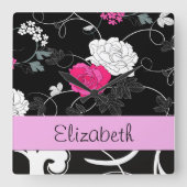 Franse Damask, Flowers, Black and White, Jouw naam Vierkante Klok (Voorkant)