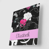 Franse Damask, Flowers, Black and White, Jouw naam Vierkante Klok (Hoek)