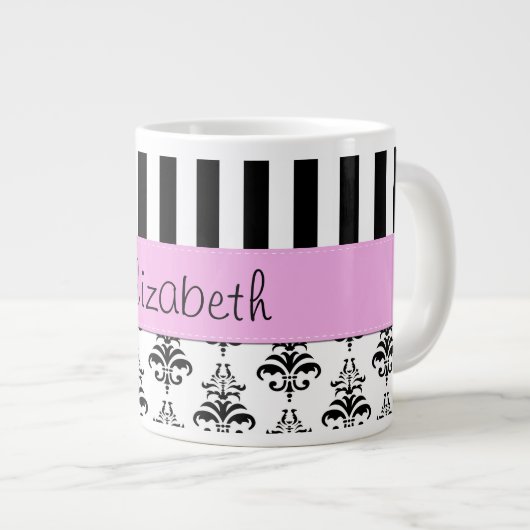 Franse Damask, Stripes, Black and White, Jouw naam Grote Koffiekop (Voorkant rechts)