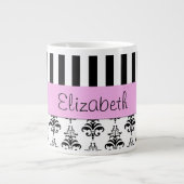 Franse Damask, Stripes, Black and White, Jouw naam Grote Koffiekop (Voorkant)