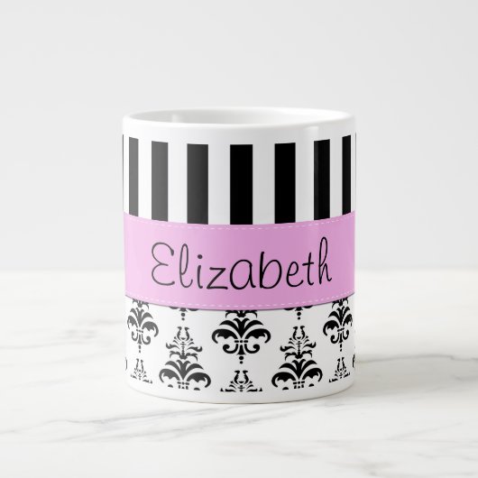 Franse Damask, Stripes, Black and White, Jouw naam Grote Koffiekop (Voorkant)