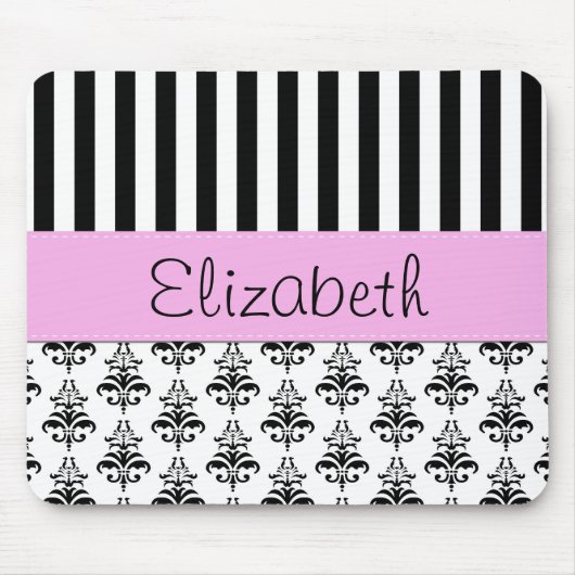 Franse Damask, Stripes, Black and White, Jouw naam Muismat (Voorkant)