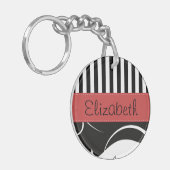 Franse Damask, Stripes, Black and White, Jouw naam Sleutelhanger (Voorkant Links)