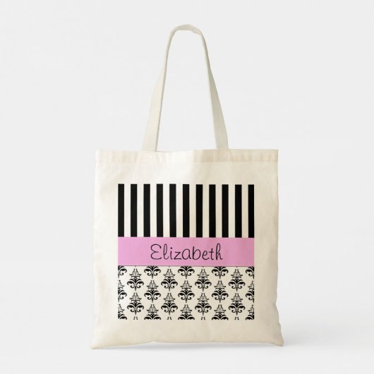 Franse Damask, Stripes, Black and White, Jouw naam Tote Bag (Achterkant)