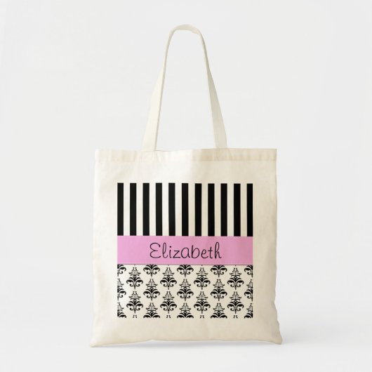 Franse Damask, Stripes, Black and White, Jouw naam Tote Bag (Voorkant)