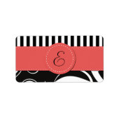 Franse Damask, Stripes, Black and White, Monogram Etiket (Voorkant)