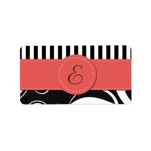 Franse Damask, Stripes, Black and White, Monogram Etiket (Voorkant)