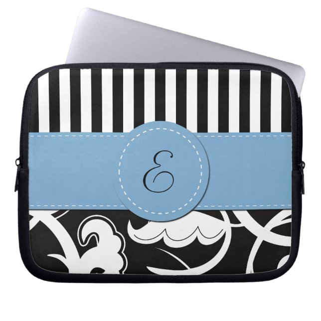Franse Damask, Stripes, Black and White, Monogram Laptop Sleeve (Voorkant)