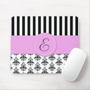 Franse Damask, Stripes, Black and White, Monogram Muismat