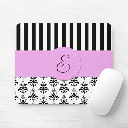 Franse Damask, Stripes, Black and White, Monogram Muismat (Met muis)