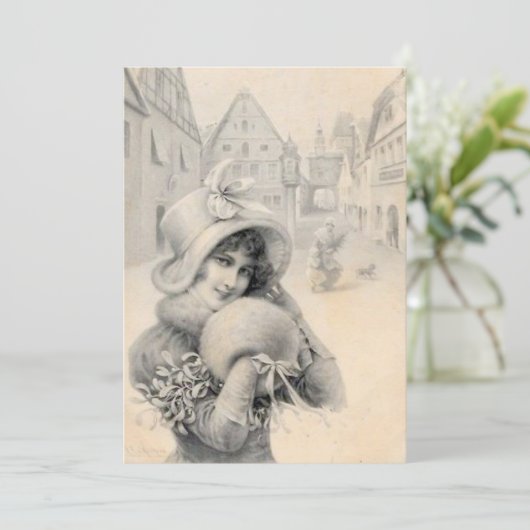  Franse Dame Kerst Pet Muff Mistletoe Feestdagenkaart (Staand voorkant)