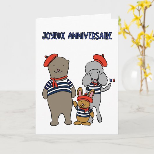 Franse Dierenvrienden Joyeux Anniversaire Verjaard Kaart (Gele Bloem)