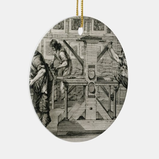 Franse drukpers, 1642 (graving) keramisch ornament (Rechts)