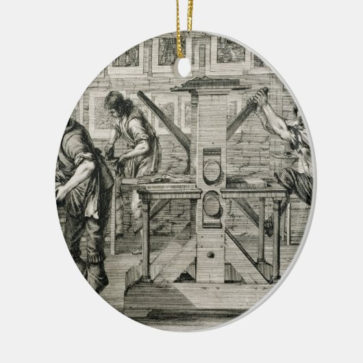 Franse drukpers, 1642 (graving) keramisch ornament (Links)