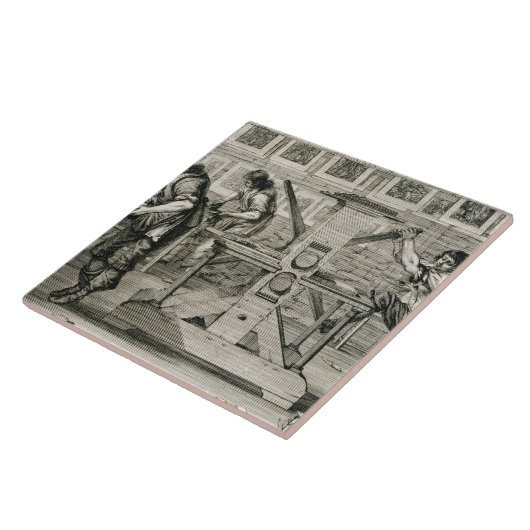 Franse drukpers, 1642 (graving) tegeltje (Zijkant)