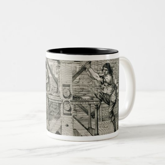 Franse drukpers, 1642 (graving) tweekleurige koffiemok (Voorkant rechts)