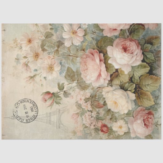 Franse Eiffeltoren Bloemen Roze Decoupage Tissuepapier (Voorkant)