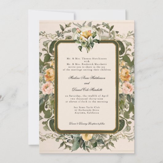 Franse Elegante  Bloemen Geel Wijze Trouwen Kaart (Voorkant)