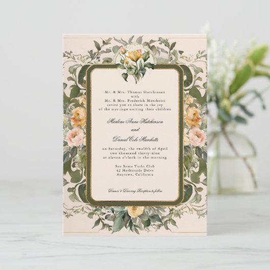 Franse Elegante  Bloemen Geel Wijze Trouwen Kaart (Staand voorkant)