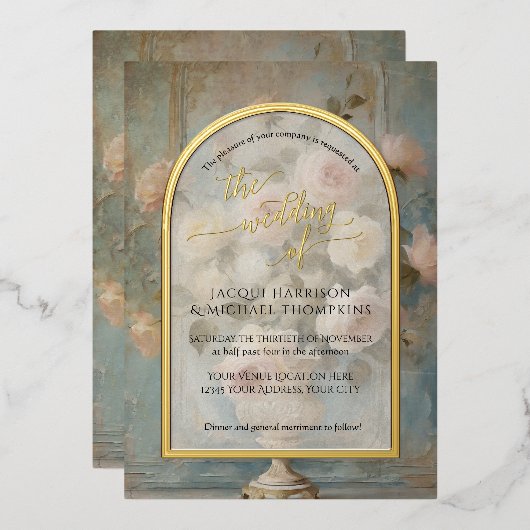 Franse Elegante Roze Bloemen Roos bruiloft Folie Uitnodiging (Voorkant / Achterkant)