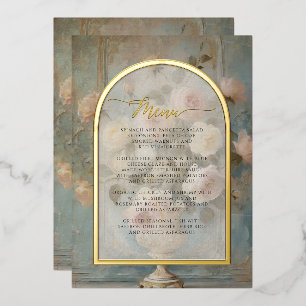 Franse Elegante Roze Bloemige Vintage Roos Menu Folie Uitnodiging