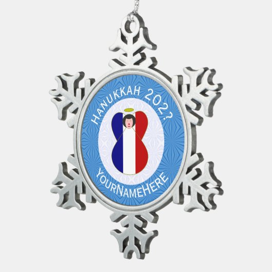 Franse engel Chanoeka vlag gepersonaliseerd Tin Sneeuwvlok Ornament (Rechts)
