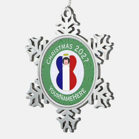 Franse engel kerstvlag gepersonaliseerd tin sneeuwvlok ornament (Rechts)