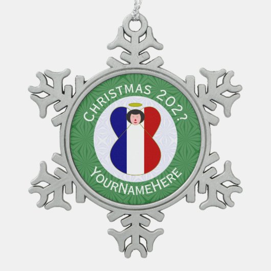 Franse engel kerstvlag gepersonaliseerd tin sneeuwvlok ornament (Voorkant)