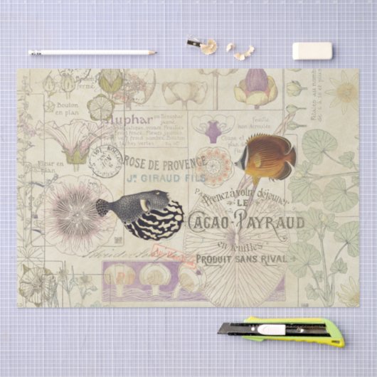 Franse ephemera Art Nouveau Flower Fish Tissuepapier (Craft)