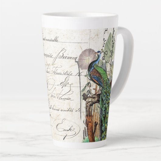 Franse Ephemera Peacock Bird Flowers Latte Mok (Rechterhoek)