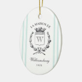  Franse familie Crest Aqua Grain Sack Stripe Keramisch Ornament (Links)
