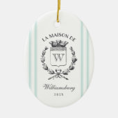 Franse familie Crest Aqua Grain Sack Stripe Keramisch Ornament (Voorkant)