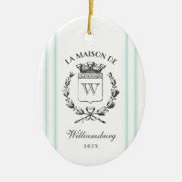  Franse familie Crest Aqua Grain Sack Stripe Keramisch Ornament