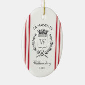  Franse familie Crest Red Grain Sack Stripe Keramisch Ornament (Rechts)