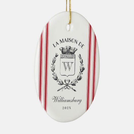  Franse familie Crest Red Grain Sack Stripe Keramisch Ornament (Rechts)