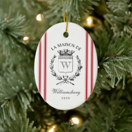 Franse familie Crest Red Grain Sack Stripe Keramisch Ornament