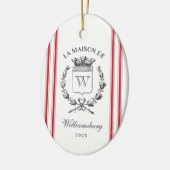  Franse familie Crest Red Grain Sack Stripe Keramisch Ornament (Links)